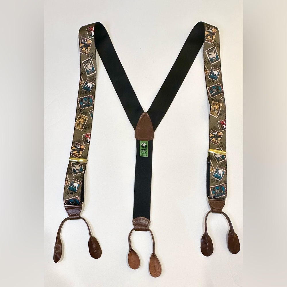 🌟HP🌟VTG 1991 World Wildlife Fund (WWF) Africa Theme Suspenders 100% Silk England